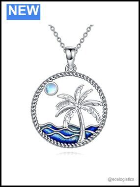 Sterling Silver Moonstone Ocean Wave Palm Tree Pendant Necklace